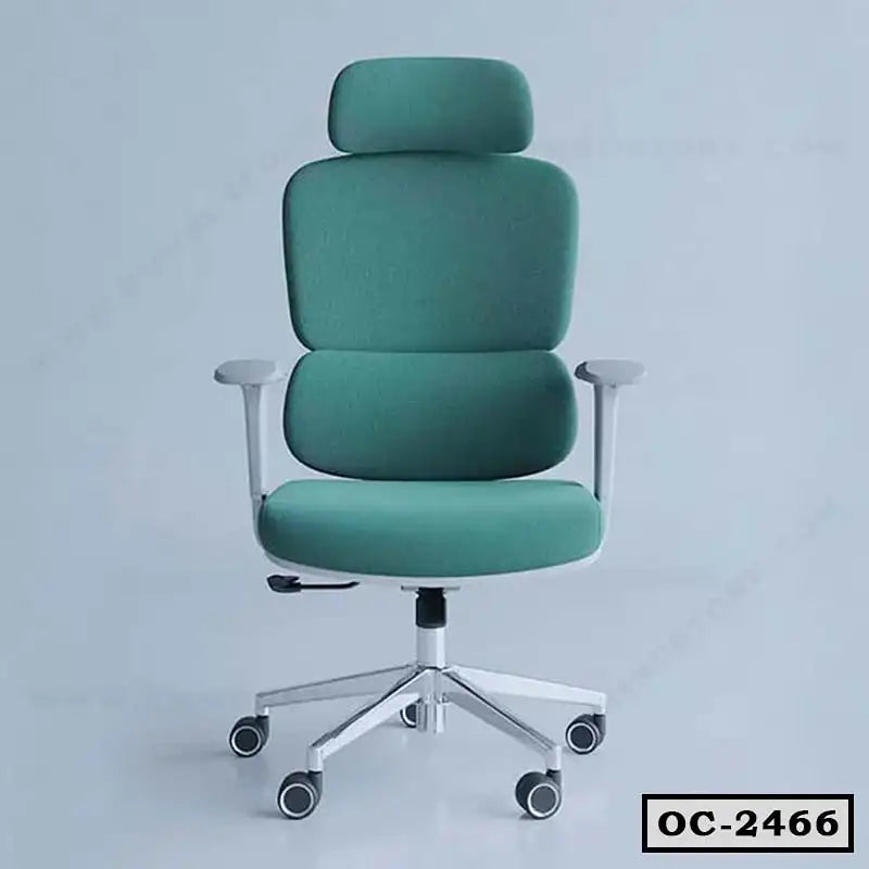 Modern ergonomic office chair with green upholstery, headrest, armrests, and caster wheels Main image