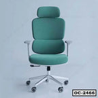 Modern ergonomic office chair with green upholstery, headrest, armrests, and caster wheels