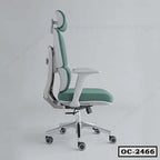 Modern ergonomic office chair with headrest, adjustable armrests, and wheels, side view.