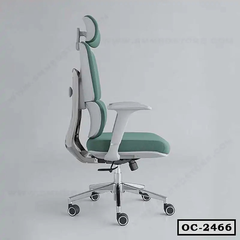 Modern ergonomic office chair with headrest, adjustable armrests, and wheels, side view.