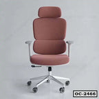Ergonomic pink office chair with headrest, padded seat and armrests on caster wheels
