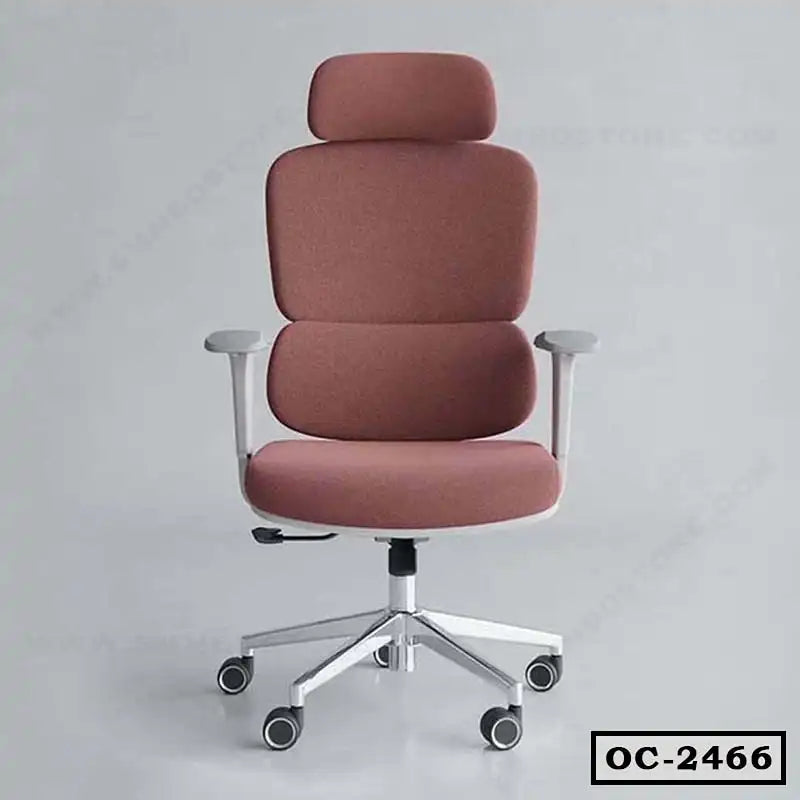 Ergonomic pink office chair with headrest, padded seat and armrests on caster wheels