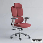 Ergonomic pink office chair with adjustable armrests, headrest, and rolling wheels