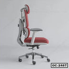 Ergonomic red office chair with headrest, lumbar support, and adjustable armrests, side view