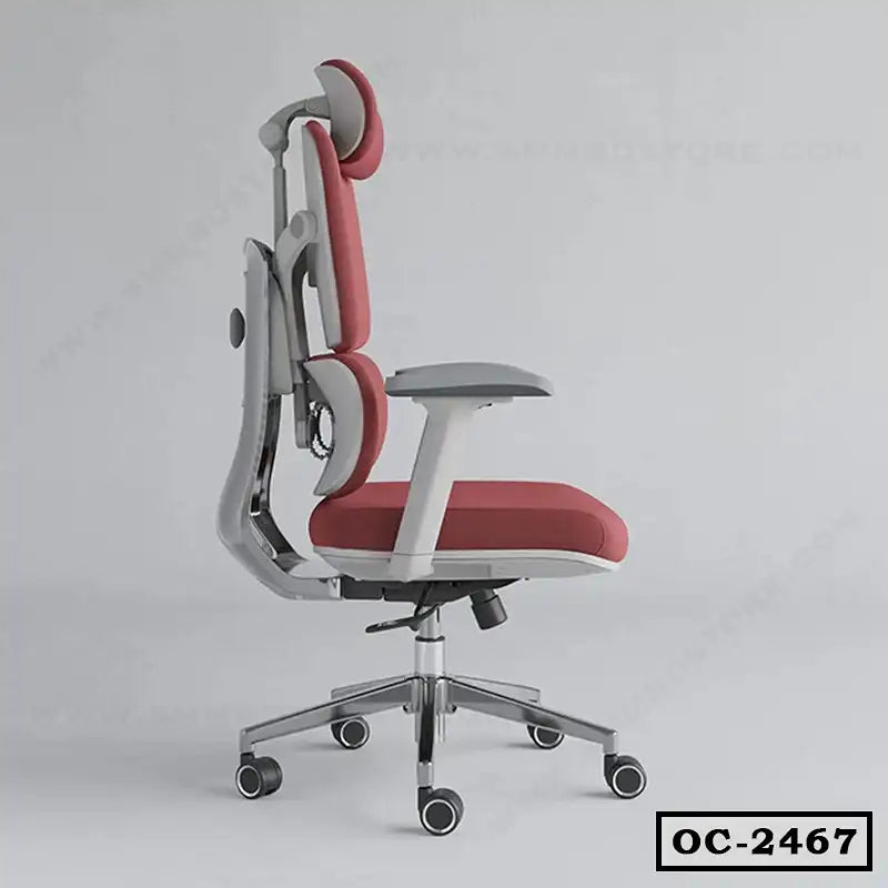 Ergonomic red office chair with headrest, lumbar support, and adjustable armrests, side view