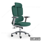 Ergonomic green office chair with adjustable armrests, headrest, and wheeled base