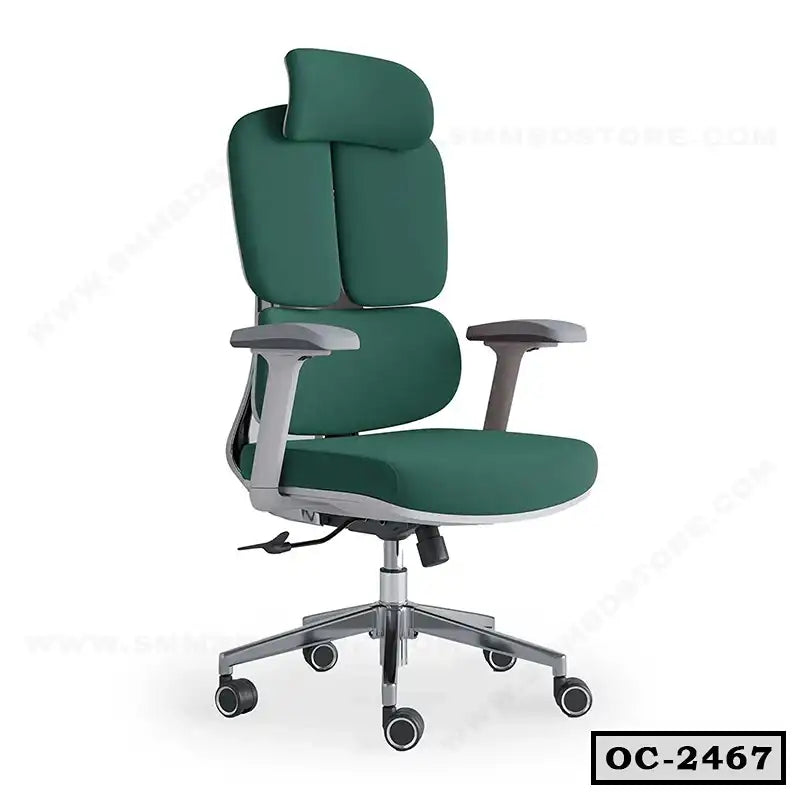 Ergonomic green office chair with adjustable armrests, headrest, and wheeled base