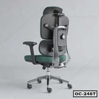 Ergonomic green office chair with adjustable lumbar support and wheeled base, model OC-2467.