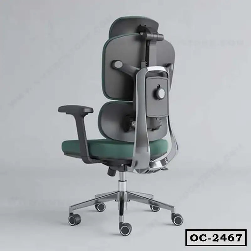 Ergonomic green office chair with adjustable lumbar support and wheeled base, model OC-2467.