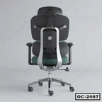 Ergonomic office chair with adjustable backrest, armrests, and metal base, rear view