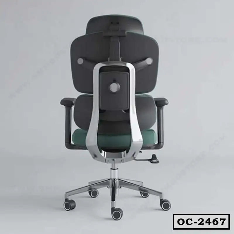 Ergonomic office chair with adjustable backrest, armrests, and metal base, rear view