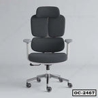 Ergonomic black office chair with adjustable armrests and headrest on caster wheels