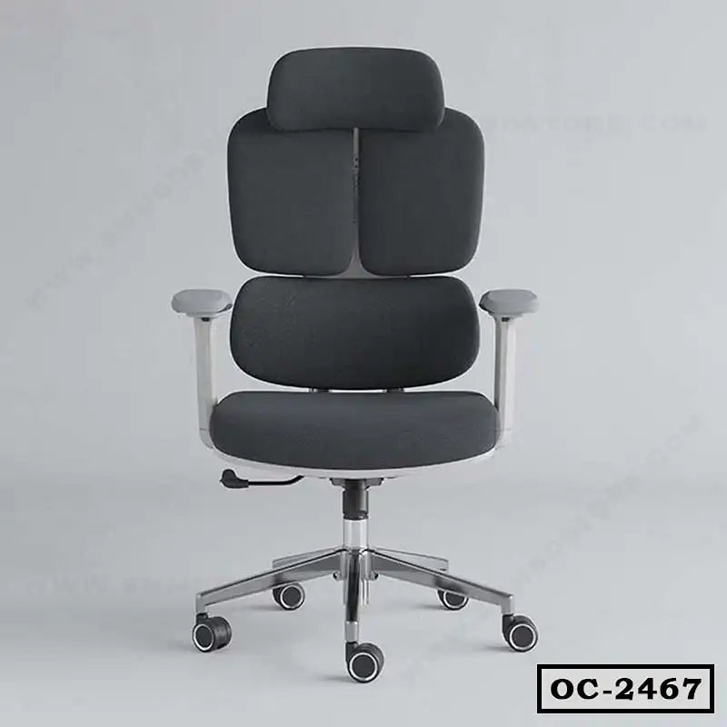 Ergonomic black office chair with adjustable armrests and headrest on caster wheels
