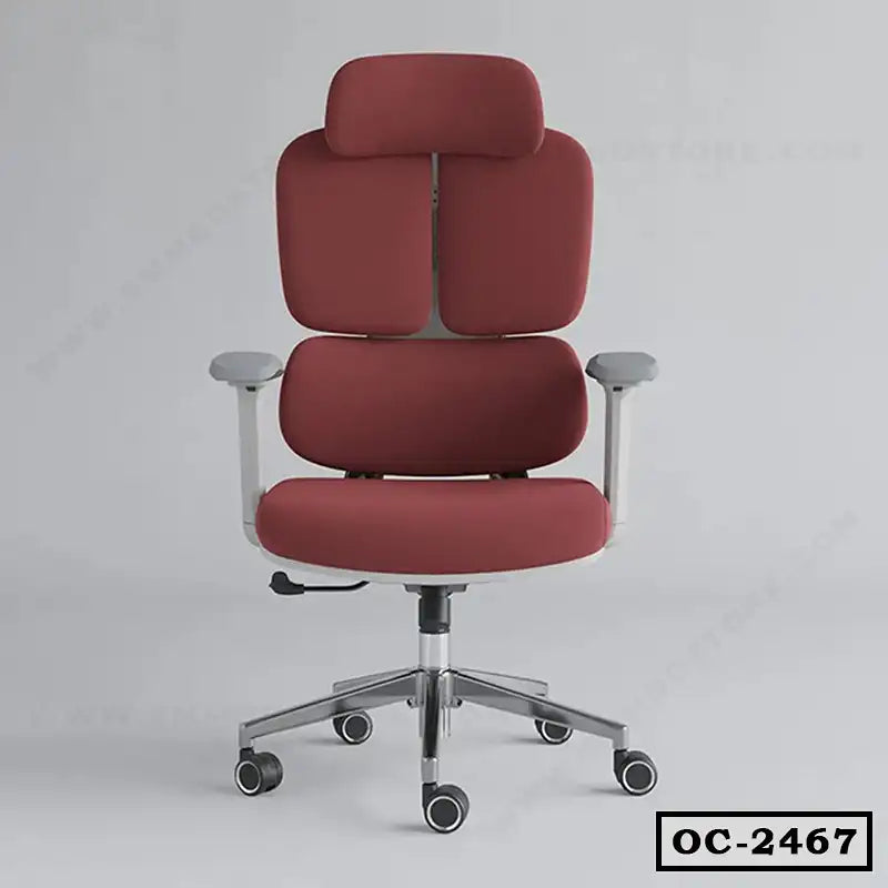 Ergonomic maroon office chair with adjustable armrests, headrest, and wheeled base