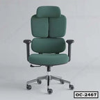 Ergonomic green office chair with adjustable armrests, headrest, and five-wheel base