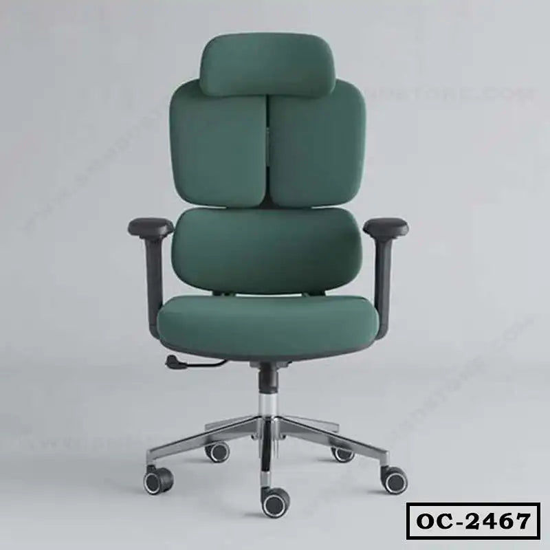Ergonomic green office chair with adjustable armrests, headrest, and five-wheel base