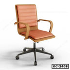 Modern office chair with light wood frame, orange cushioned seat, and rolling base