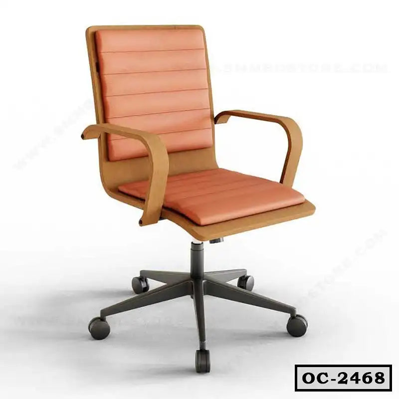 Modern office chair with light wood frame, orange cushioned seat, and rolling base