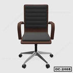 Modern office chair with dark cushioned seat, wooden frame, and metal base on wheels