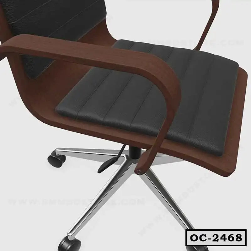 Modern office chair with black cushioned seat, wooden armrests, and metal base on wheels