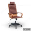 Modern brown leather office chair with wooden armrests and headrest on wheels