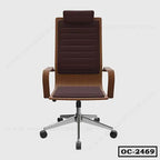 Ergonomic wooden office chair with padded brown cushions and metal base on casters