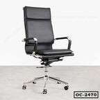 Modern black ergonomic office chair with high backrest, chrome base, and armrests on wheels
