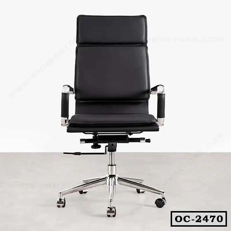 Black ergonomic office chair with cushioned seat, high backrest, and chrome base on casters