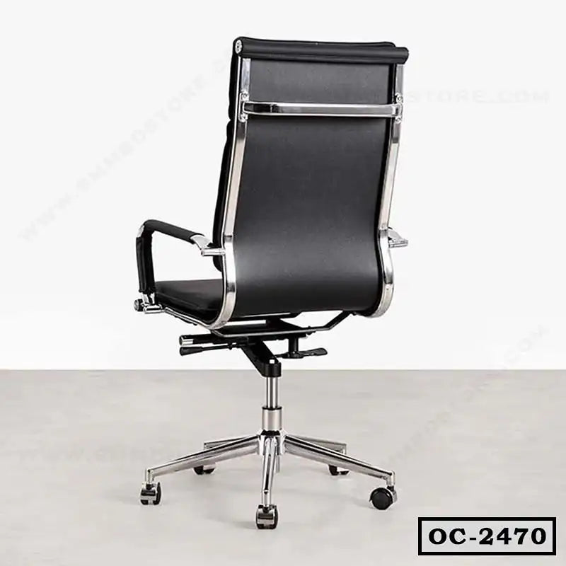 Black ergonomic office chair with chrome frame and five-wheel base on white background