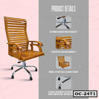 Wooden office chair with slatted design, chrome base, and armrests on wheels