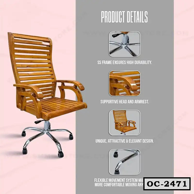 Wooden office chair with slatted design, chrome base, and armrests on wheels