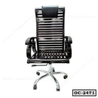 Black ergonomic office chair with slatted back, cushioned headrest, and chrome base on wheels