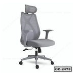 Ergonomic grey mesh office chair with headrest, adjustable armrests, and rolling base