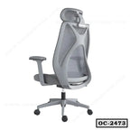 Ergonomic grey office chair with mesh back, adjustable armrests, and headrest on wheels