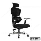 Ergonomic black mesh office chair with adjustable armrests, headrest, and metal base.