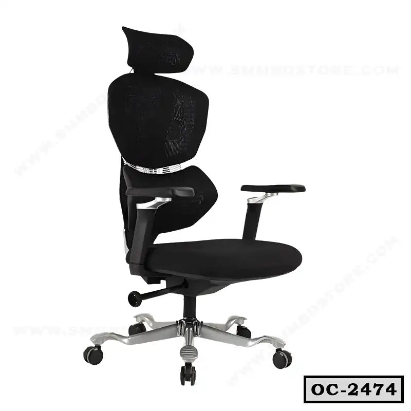 Ergonomic black mesh office chair with adjustable armrests, headrest, and metal base.