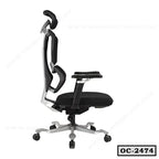 Ergonomic black office chair with adjustable headrest, armrests, and mesh backrest, side view