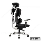 Ergonomic black and silver office chair with mesh back, adjustable armrests, and headrest