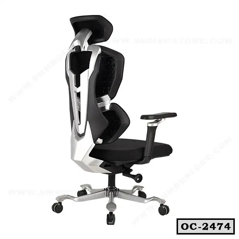 Ergonomic black and silver office chair with mesh back, adjustable armrests, and headrest