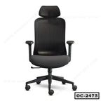 Ergonomic black mesh office chair with adjustable armrests, headrest, and wheels