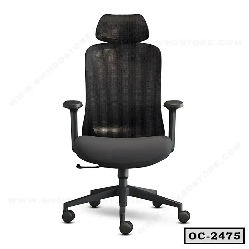 Ergonomic black mesh office chair with adjustable armrests, headrest, and wheels