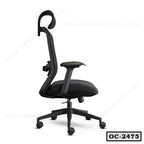 Ergonomic black office chair with adjustable headrest, armrests, and wheels, side view.
