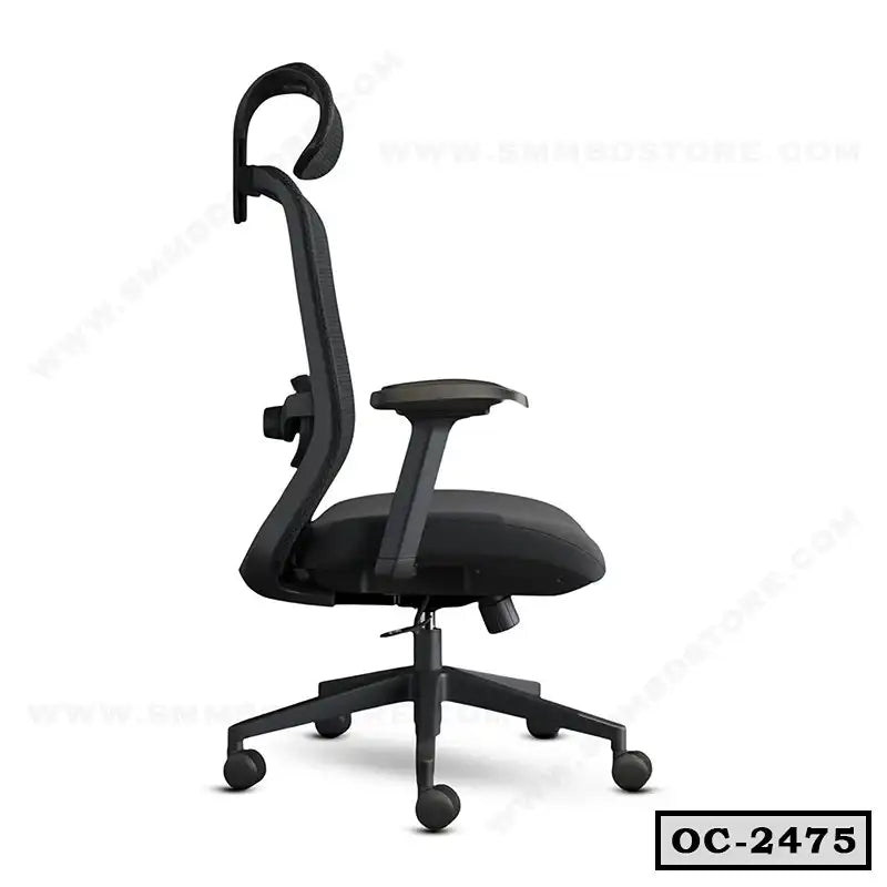 Ergonomic black office chair with adjustable headrest, armrests, and wheels, side view.