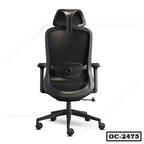 Ergonomic black mesh office chair with adjustable headrest and armrests, rear view