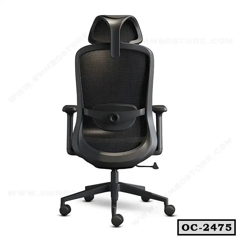 Ergonomic black mesh office chair with adjustable headrest and armrests, rear view