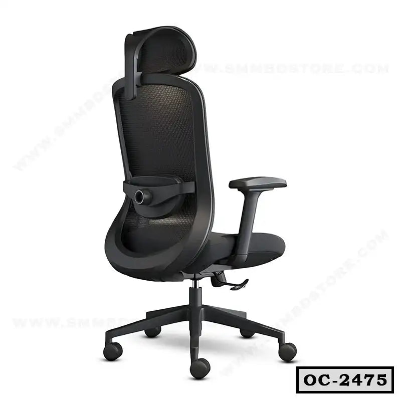 Ergonomic black mesh office chair with adjustable headrest and armrests, model OC-2475