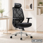 Ergonomic black mesh office chair with headrest and wheels in modern workspace
