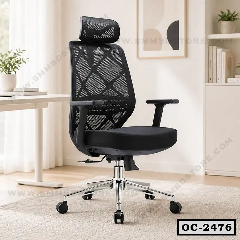 Ergonomic black mesh office chair with headrest and wheels in modern workspace