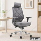 Ergonomic grey mesh office chair with adjustable armrests and headrest in modern workspace