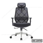 Ergonomic black mesh office chair with adjustable armrests and headrest on wheels